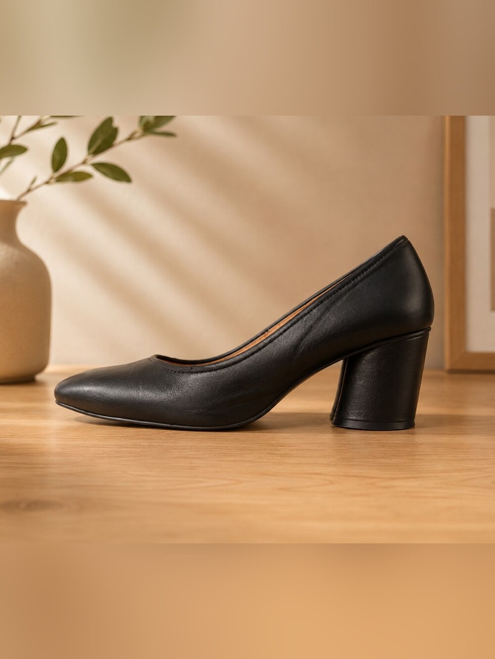L'Intervalle Classic Black Women's Leather Block Heel Pumps